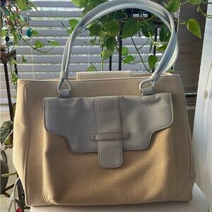 HARTMANN NEW IVORY WOVEN SHOULDER BAG W/PALE BLUE LEATHER TRIM MULTI SECTION